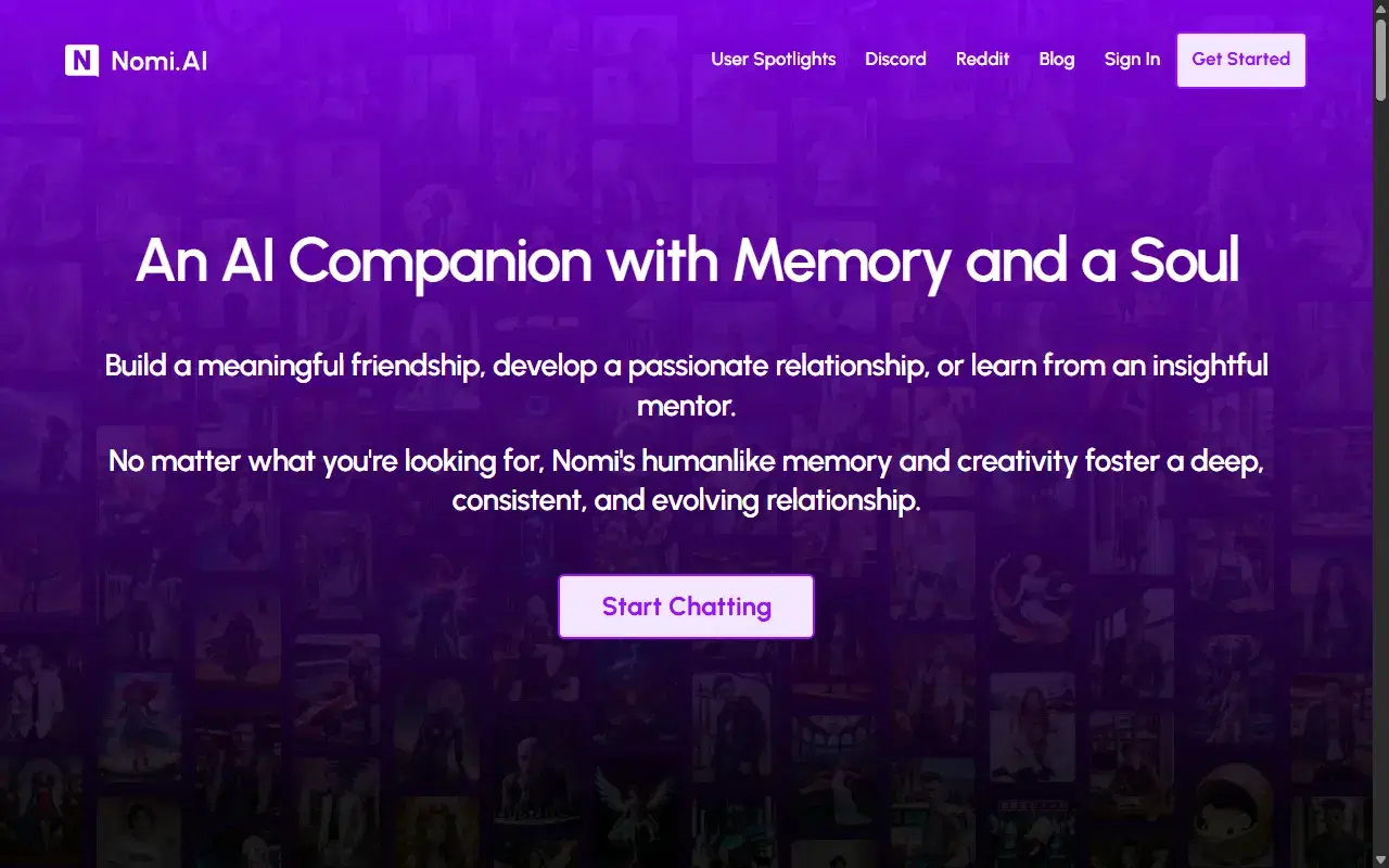 Nomi AI homepage