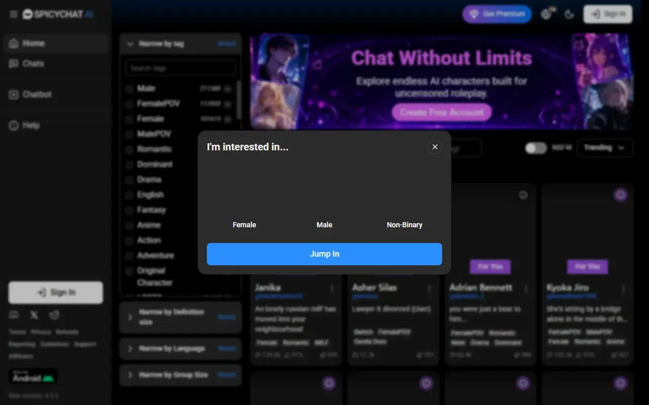 SpicyChat AI homepage