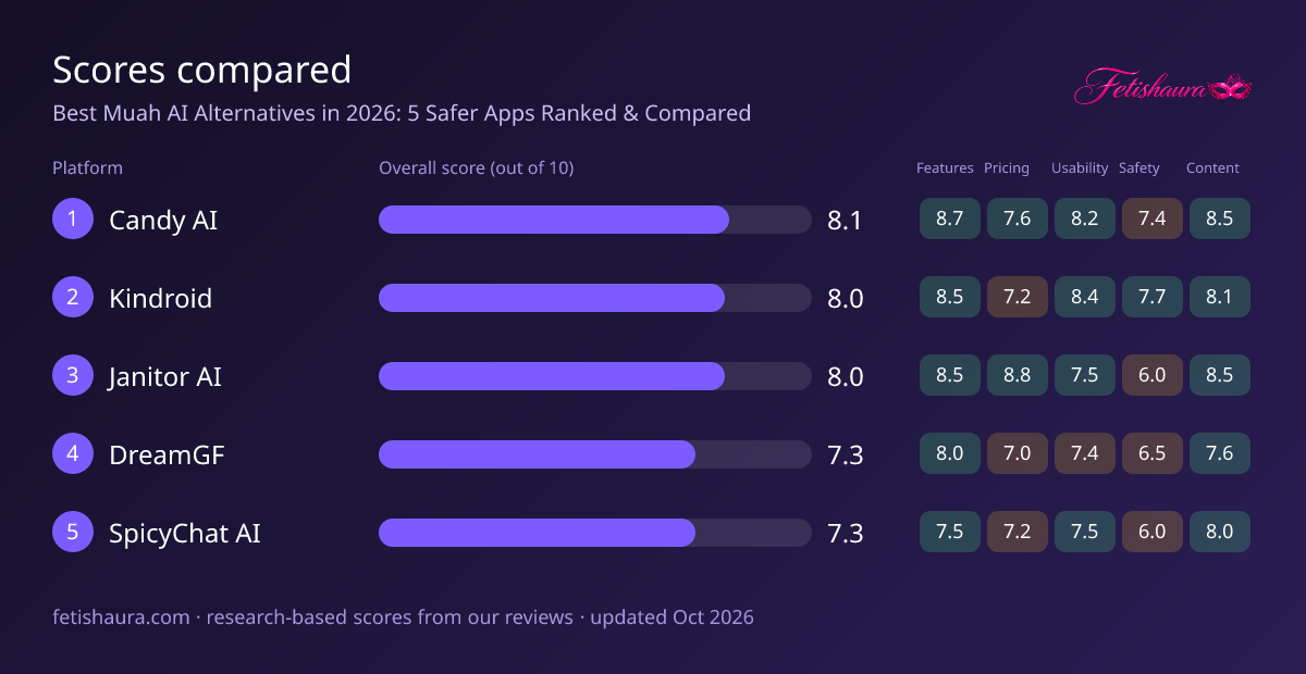 Bar chart of our scores for Candy AI 8.1, Kindroid 8.0, Janitor AI 8.0, DreamGF 7.3, SpicyChat AI 7.3, with features, pricing, usability, safety and content sub-scores