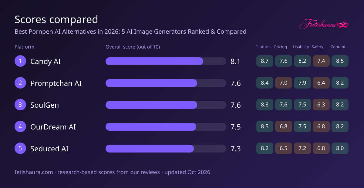 Bar chart of our scores for Candy AI 8.1, Promptchan AI 7.6, SoulGen 7.6, OurDream AI 7.5, Seduced AI 7.3, with features, pricing, usability, safety and content sub-scores