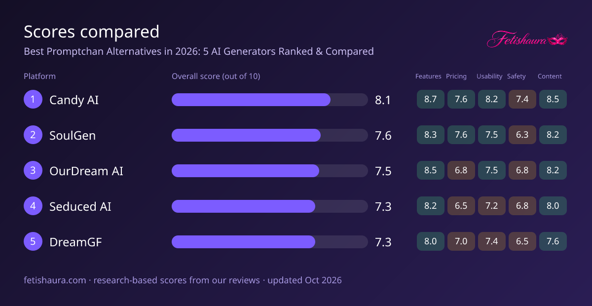Bar chart of our scores for Candy AI 8.1, SoulGen 7.6, OurDream AI 7.5, Seduced AI 7.3, DreamGF 7.3, with features, pricing, usability, safety and content sub-scores