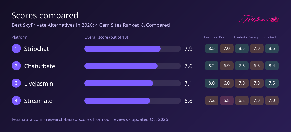 Bar chart of our scores for Stripchat 7.9, Chaturbate 7.6, LiveJasmin 7.1, Streamate 6.8, with features, pricing, usability, safety and content sub-scores