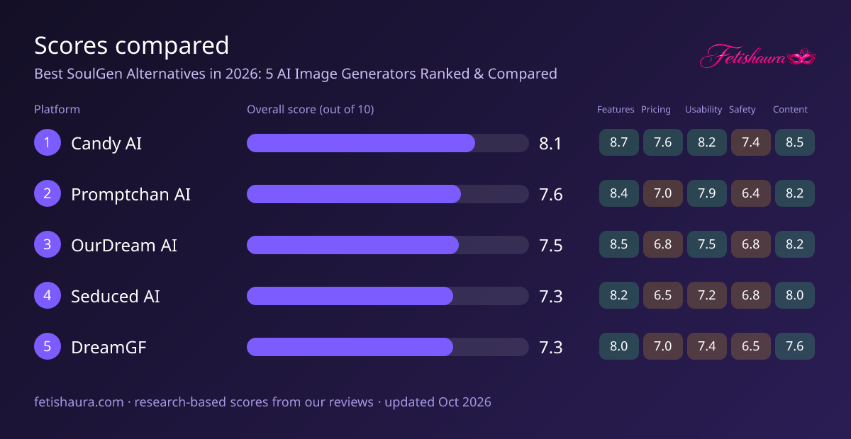Bar chart of our scores for Candy AI 8.1, Promptchan AI 7.6, OurDream AI 7.5, Seduced AI 7.3, DreamGF 7.3, with features, pricing, usability, safety and content sub-scores