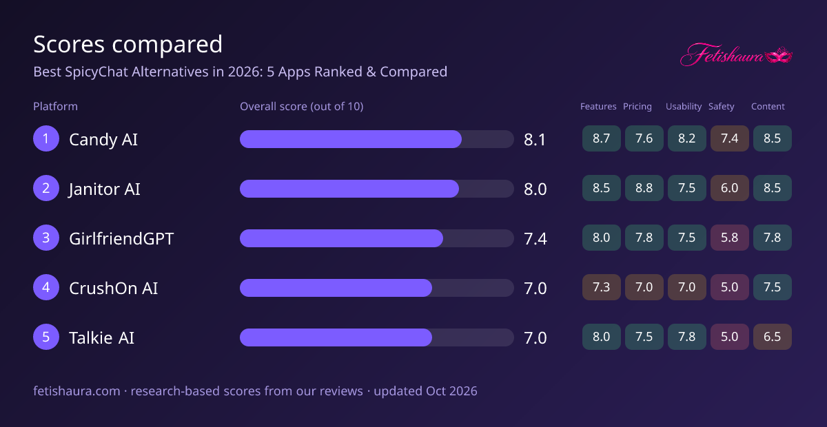 Bar chart of our scores for Candy AI 8.1, Janitor AI 8.0, GirlfriendGPT 7.4, CrushOn AI 7.0, Talkie AI 7.0, with features, pricing, usability, safety and content sub-scores