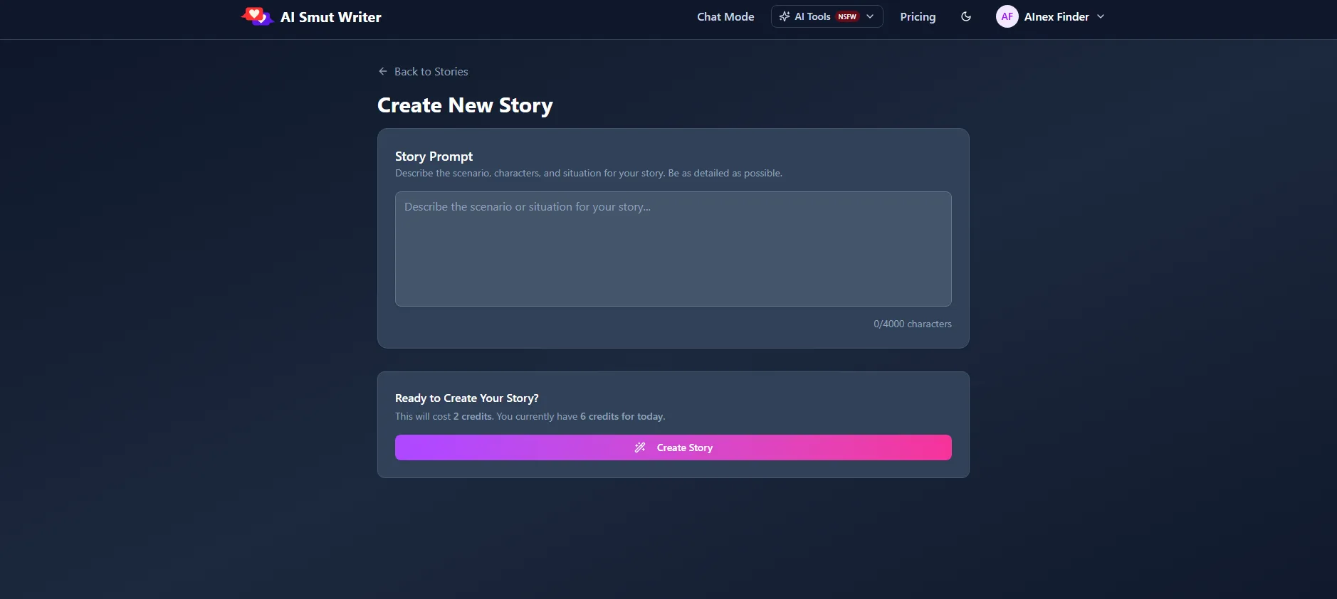 AI Smut Writer Create New Story screen — a story prompt box with a 4,000-character limit, noting the story will cost 2 credits of the 6 free daily credits