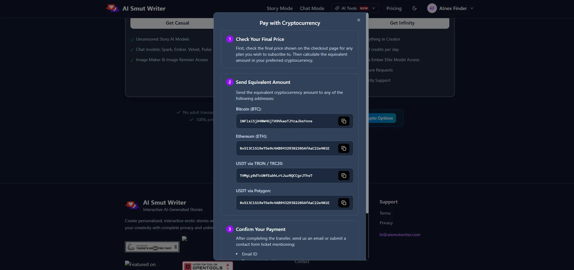 AI Smut Writer cryptocurrency payment screen — send the equivalent amount in Bitcoin, Ethereum or USDT, then confirm by email