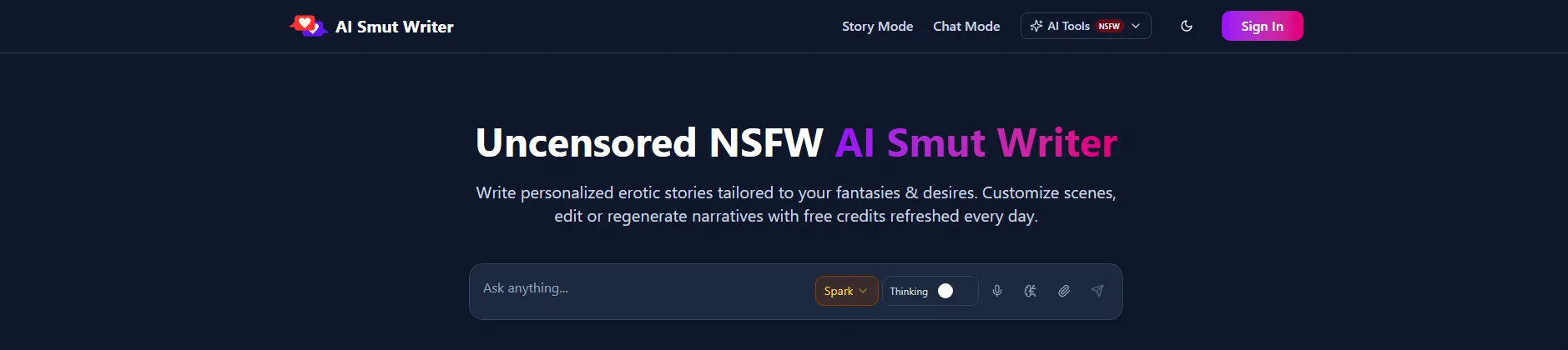 AI Smut Writer homepage — Uncensored NSFW AI Smut Writer, write personalized erotic stories with free credits refreshed daily