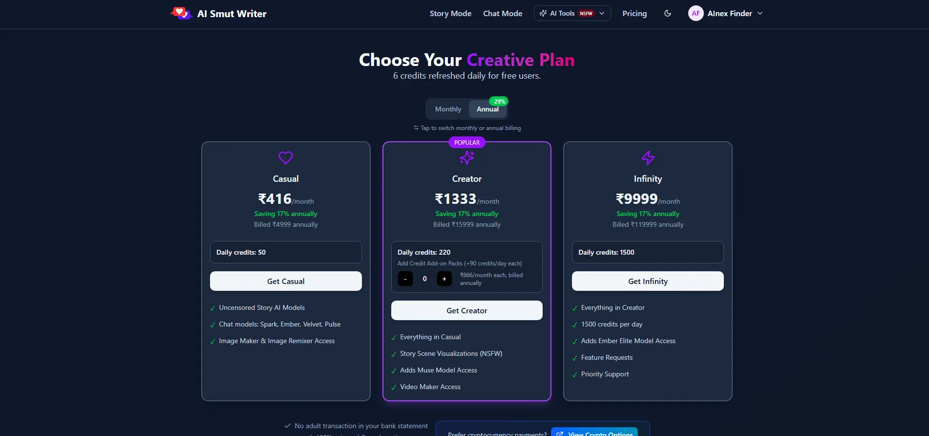 AI Smut Writer pricing — Casual, Creator (Popular) and Infinity plans with 50, 220 and 1,500 daily credits, shown here in our region's Indian-rupee pricing