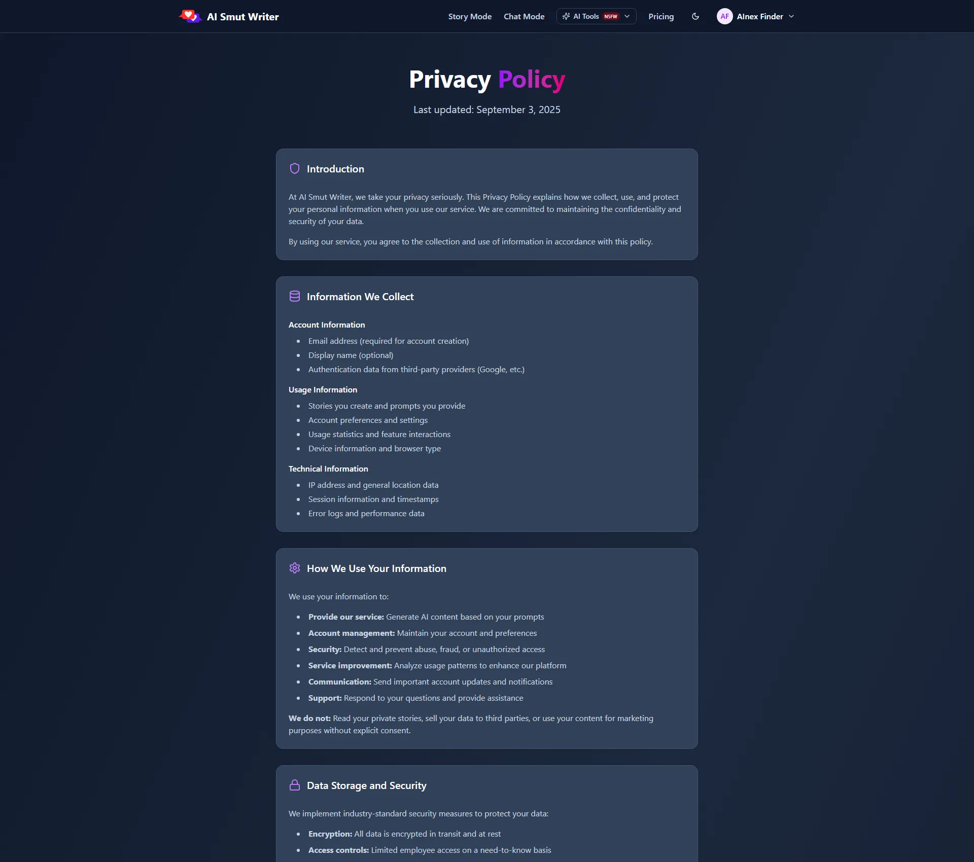 AI Smut Writer privacy policy — states it does not read private stories, sell data or use content for marketing, and encrypts data in transit and at rest
