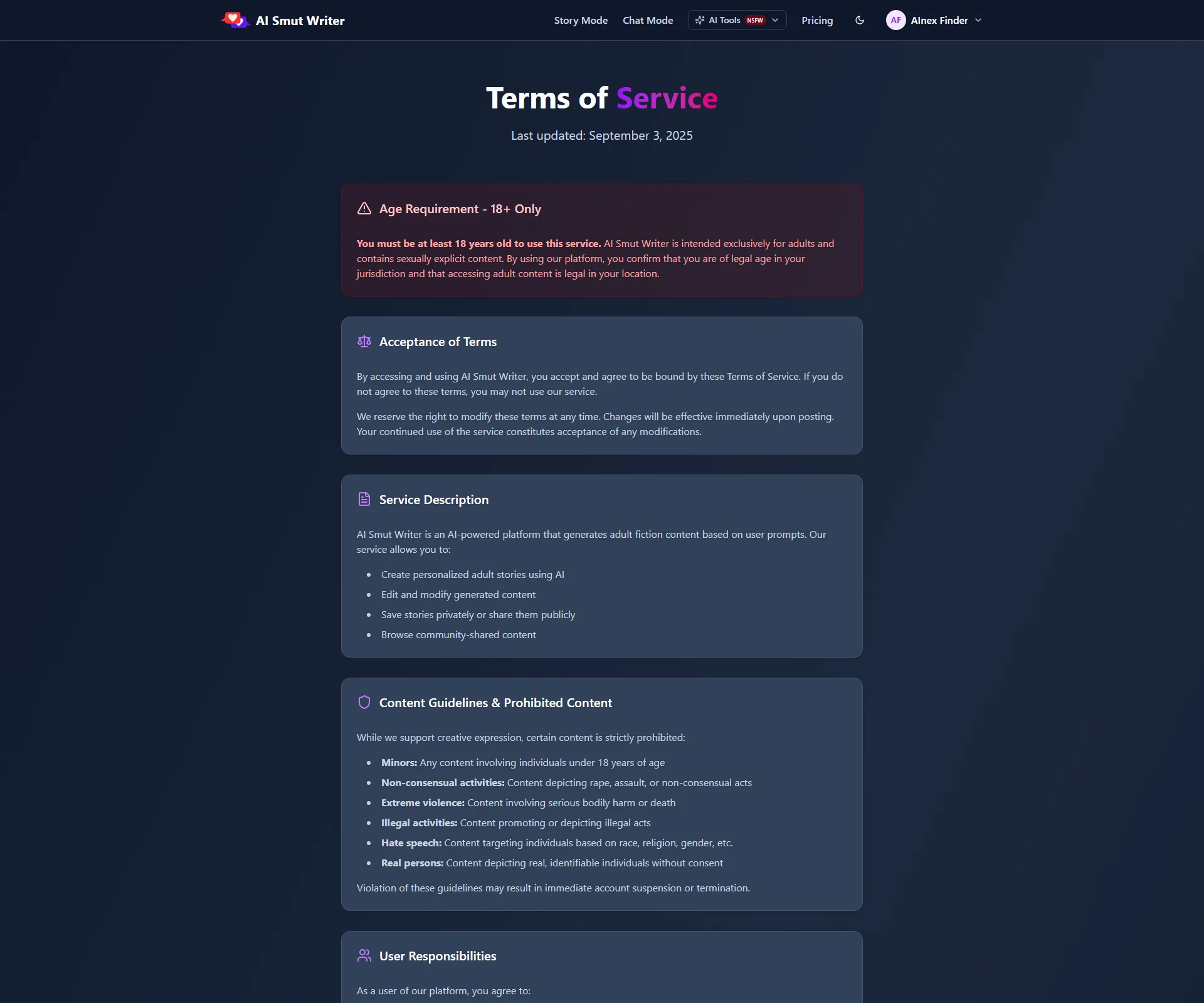 AI Smut Writer terms of service — 18+ only, with prohibited content including minors, non-consensual acts and real identifiable people without consent