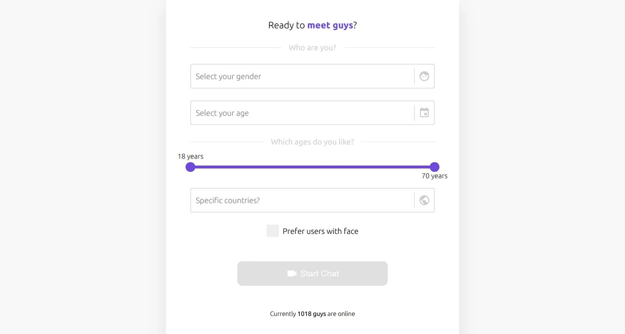 Jerkay's start screen: choose your gender, age, the ages you want to match with and a country, then hit Start Chat — no account needed