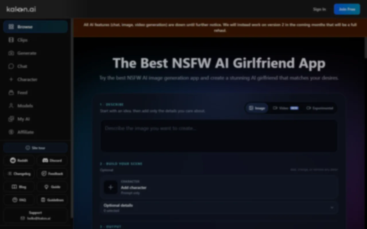 Kalon AI homepage with a banner reading that all AI features — chat, image and video generation — are down until further notice